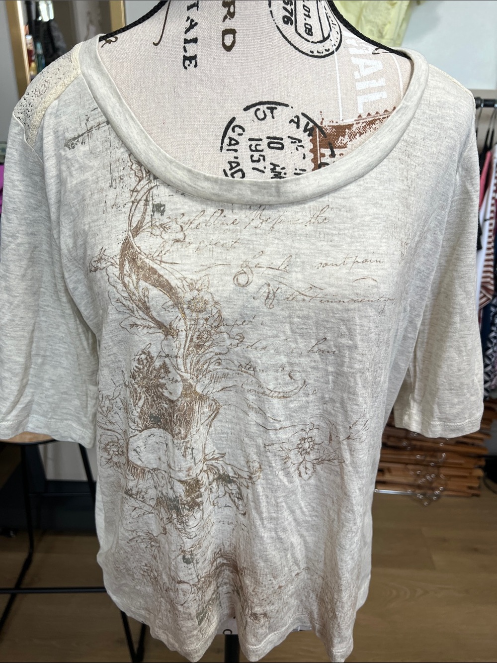 Rewind Cream Short-Sleeve Scoop Neck Tee with Brown Script Graphic